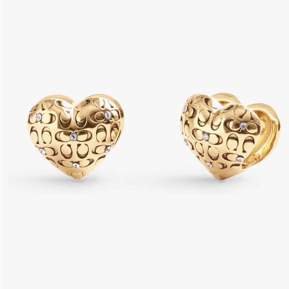 NWT Coach Signature Logo Quilted Crystal Puffy Heart Huggie Earrings